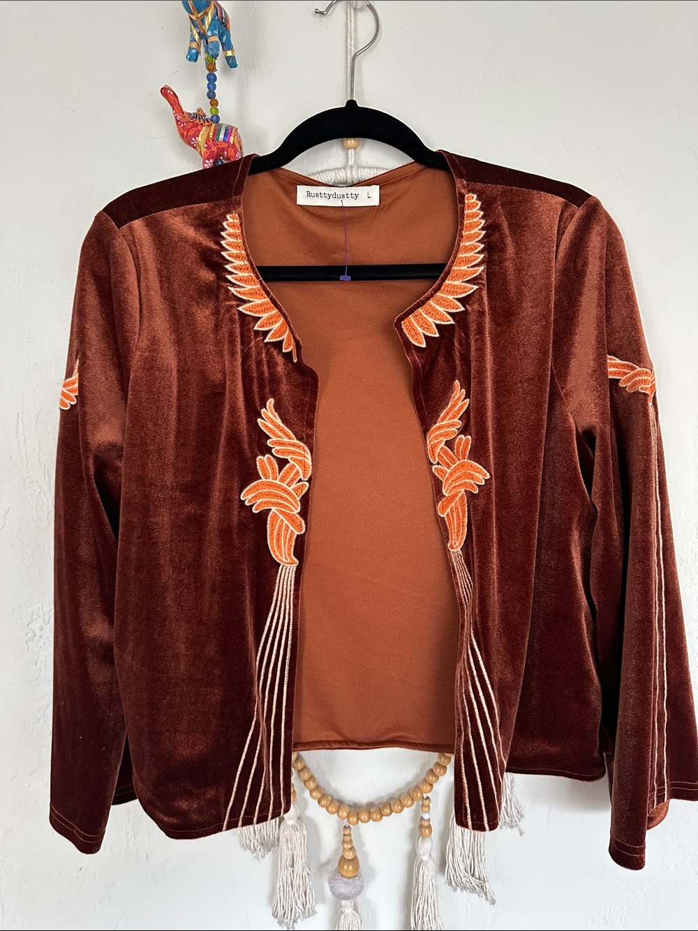 Rust Velvet Embroidered Open-Front Jacket